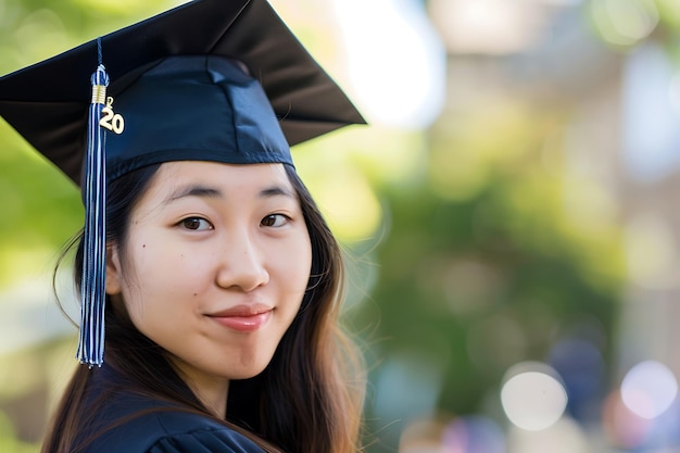 Photo portrait of a young woman in graduation cap and gown