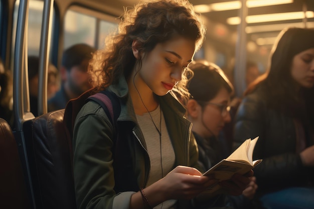 Portrait of a young woman reading a book in a public transport