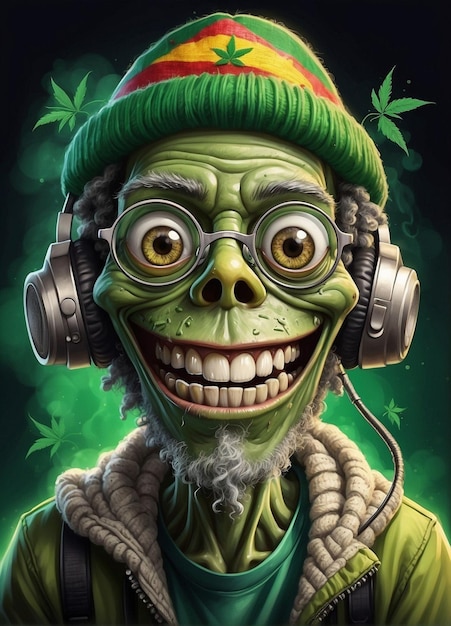 a poster for a cartoon character with headphones and a green hat