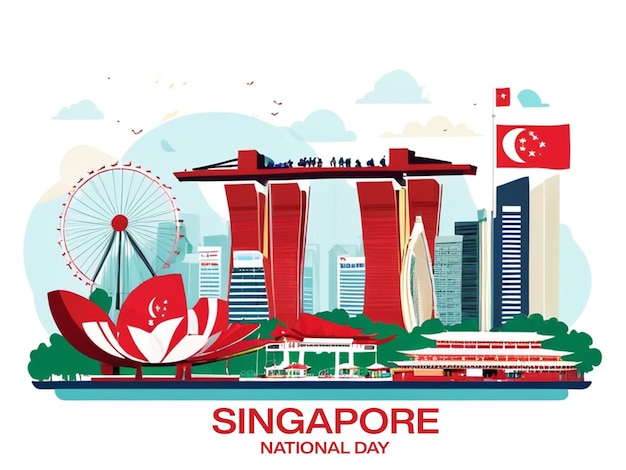 Photo a poster of a city with a flag and a flag that says quot singapore national day quot