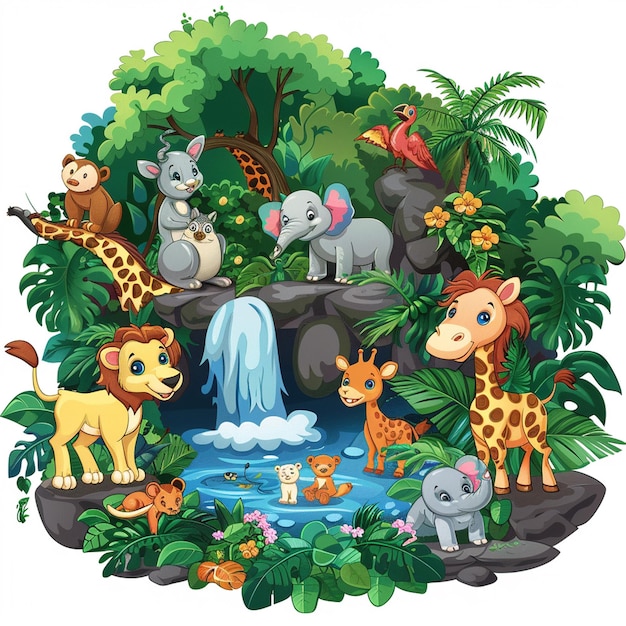 Photo a poster with animals a picture of animals in the cartoon jungle background