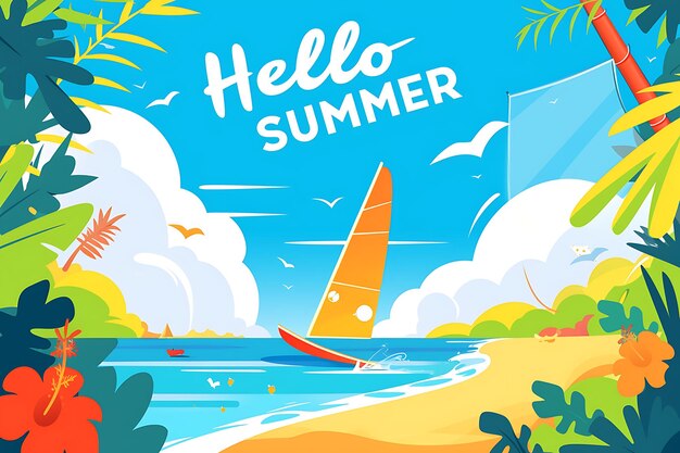 Photo a poster with a sailboat and the words hello summer on it