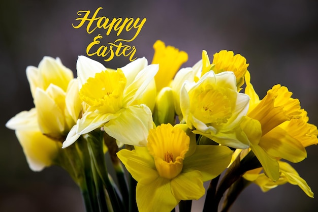 a poster with yellow flowers that says happy easter