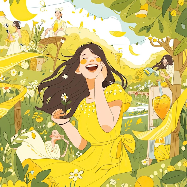 Photo a poster of a woman laughing and laughing with a yellow dress on it.