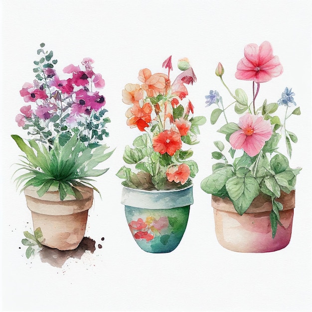 Potted flowers watercolor style Generative AI