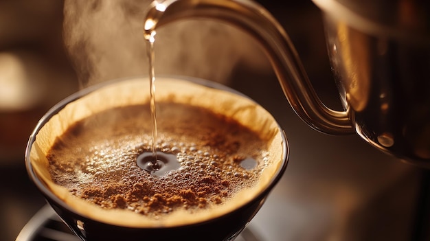 Photo pouring hot water over coffee grounds