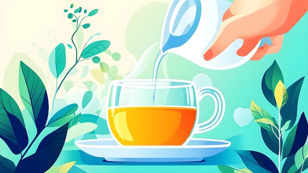 Photo pouring tea fresh leaves green background graphic design