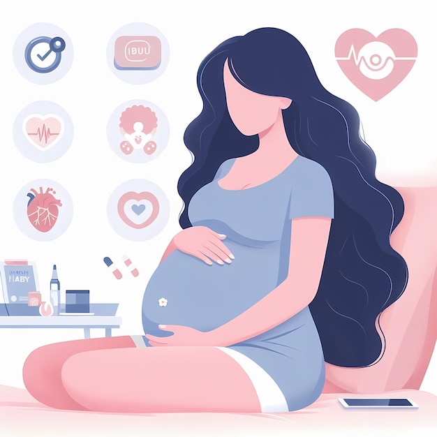 Photo pregnant woman with hands on her belly flat style illustration