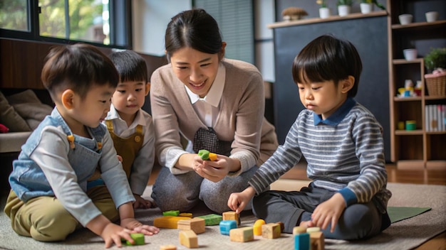 Photo preschool asian teacher and cute kids boys playing in kindergarten