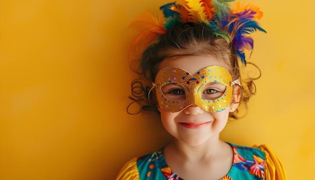 Pretty little girl wearing carnival mask on yellow background