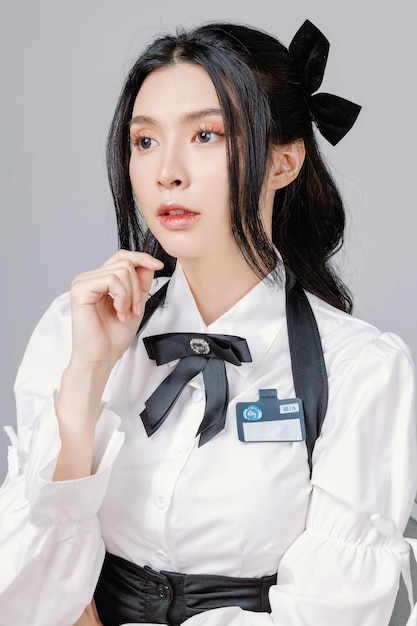 Photo pretty teenage asian high school woman model in student uniform has lovely face is with perfect clear fresh skin on grey isolated background facial treatment cosmetology beauty and spa