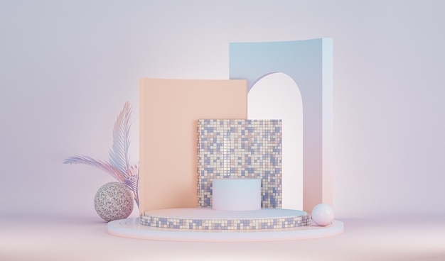 Product display podium with cube box and abstract pastel coral pink background 3d render