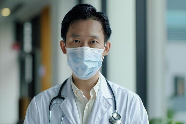 Professional Asian Doctor in Medical Mask with Stethoscope in Hospital Setting Healthcare Worker