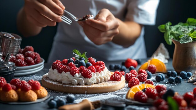 Фото Профессиональный кулинарный стилист создает вкусный десерт.