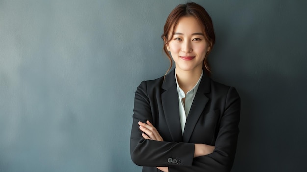 Photo professional korean businesswoman posing against a grey wall arms crossed friendly look ideal for