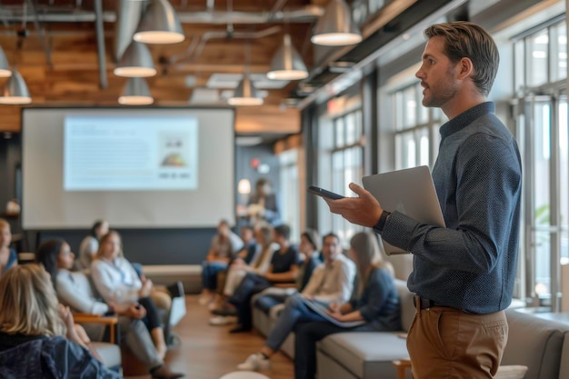 Foto un uomo professionista presenta a un pubblico impegnato in un ambiente di ufficio moderno mostrando intuizioni e