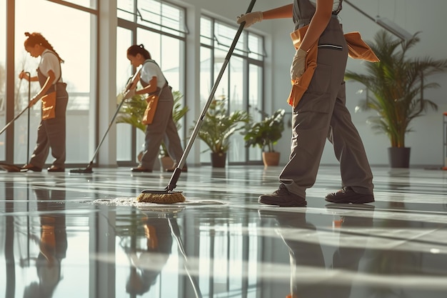 Professional mixed race janitors working with a blurry backdrop for text or product Generative AI