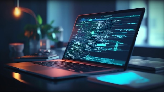 Program code create on laptop on programmer workplace Generative AI
