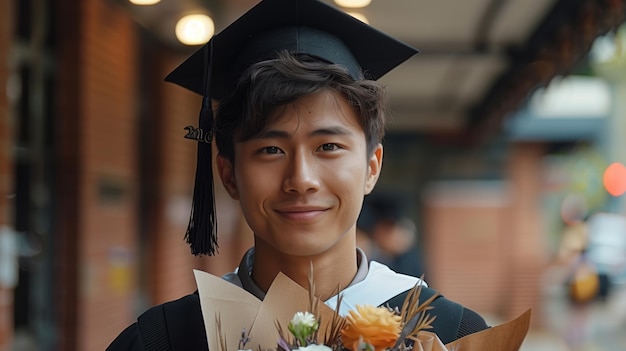 Photo a proud graduate holding flowers after a university ceremony