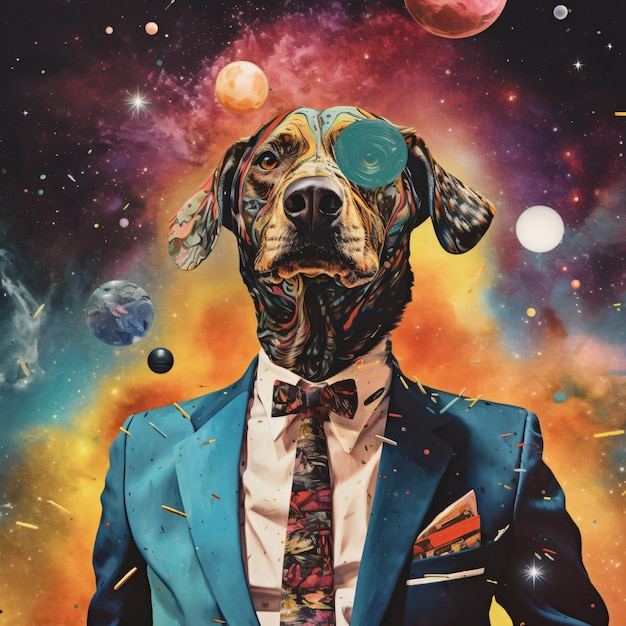 Psychedelic collage combining a man in a suit and a