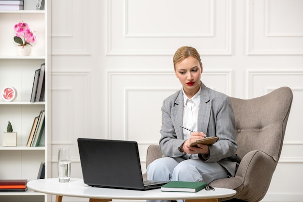 Psychologist conducting online sessions cute blonde young professional woman taking notes