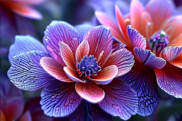 a purple flower with purple and orange petals