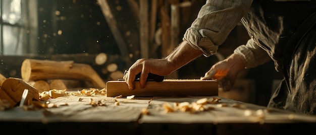 Photo quotskilled carpenter working in a rustic workshop surrounded by toolsquot