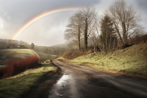 A rainbow arching over a country road at sunrise