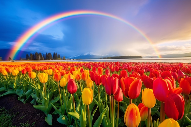 A rainbow arcing over a colorful field of tulips