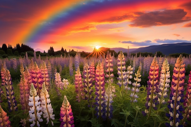 A rainbow arcing over a meadow of blooming lupines