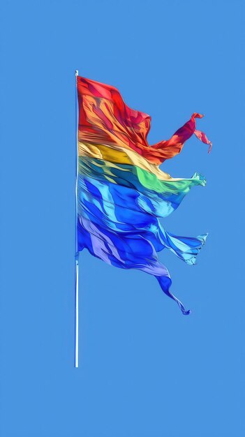 rainbow flag flying in the wind against a blue sky