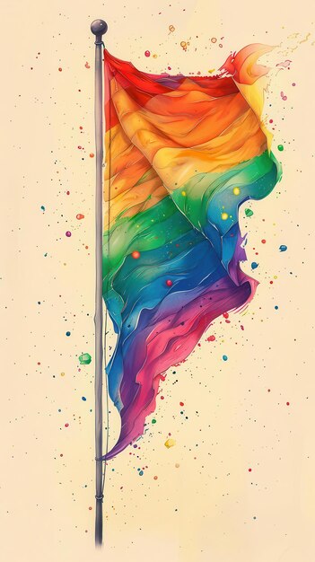 rainbow flag with a pole and splatches of paint