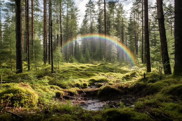 A rainbow framing a tranquil forest scene