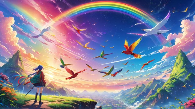 Photo a rainbow is in the sky and the birds are flying in the sky