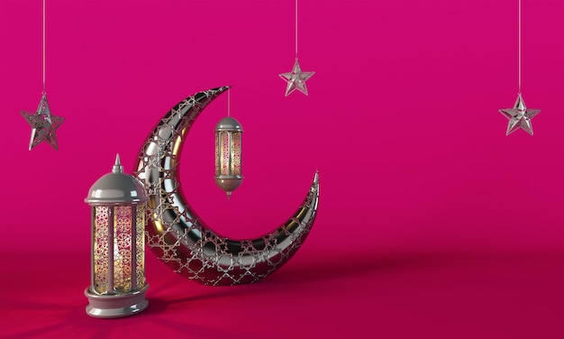 Ramadan Kareem Crescent Moon and Lantern Lightning pink background