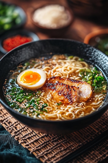 Foto ramen con zuppa e uova grande spazio di copia sul lato destro