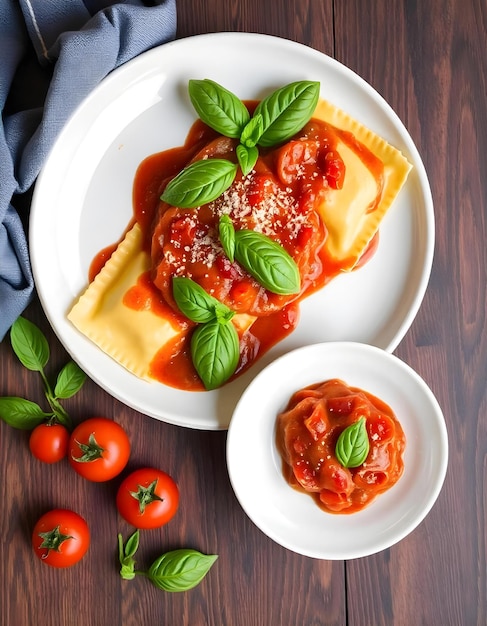 Foto ravioli con salsa di pomodoro e basilico