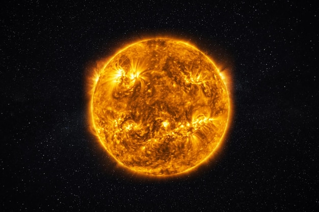 Real close up photo of the sun Burning star with plasma emissions in the starry sky The Sun star in the solar system