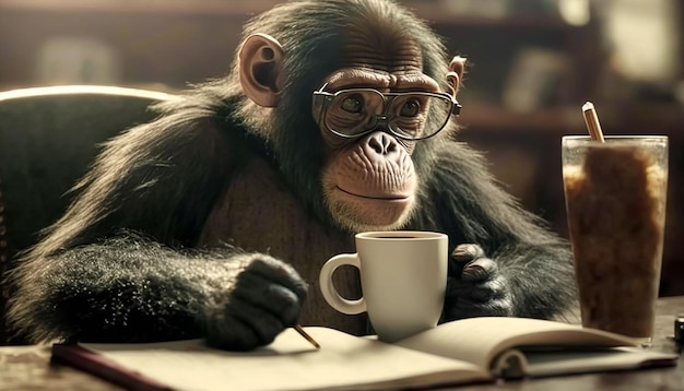 Realistic funny monkey studying while drinking coffee. AI Generated