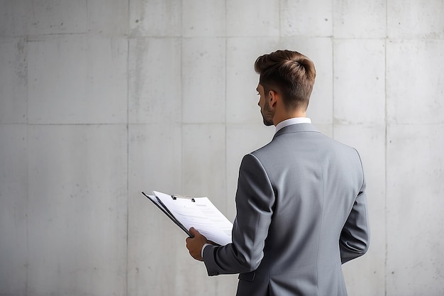 Rear view of a young businessman in a gray suit holding a folder He is looking forward A concrete wall background with question marks