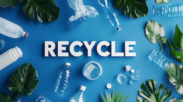 Photo recycle message with plastic waste on blue background emphasizing environmental awareness