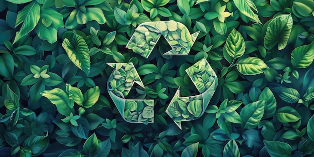 Photo recycle sign surrounded by green leaves suitable for environmental concepts