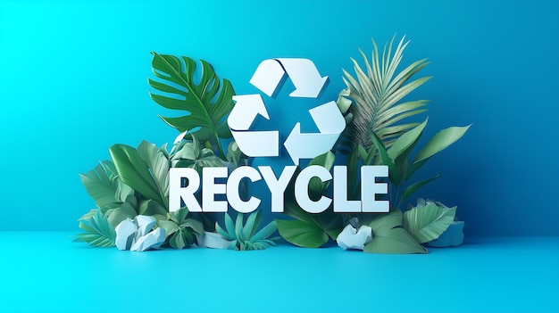 Photo recycle symbol with tropical leaves on blue background promoting environmental sustainability