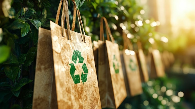 Photo recycled paper bags hanging on a hook with a green leaf logo office background