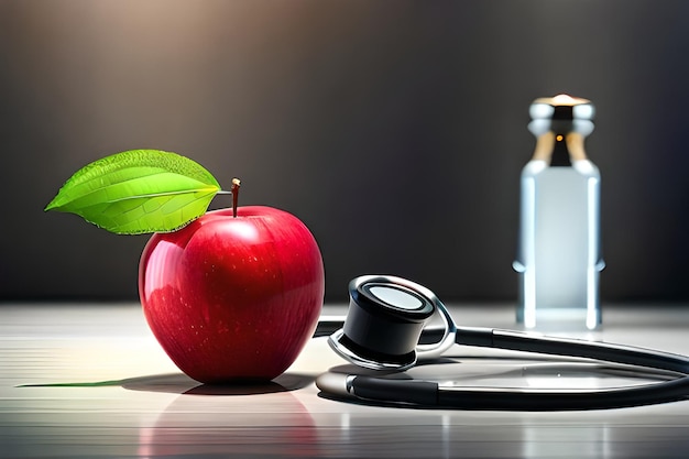 A red apple is on a table next to a stethoscope and a bottle of stethoscope.