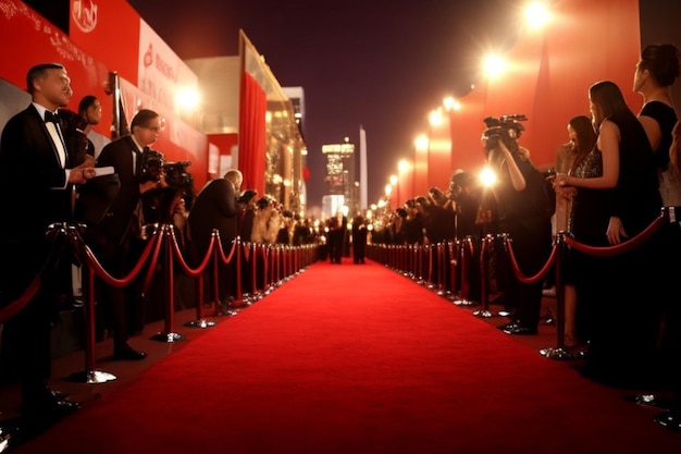 Red carpet rolling out in front of glamorous movie premiere with paparazzi in the background