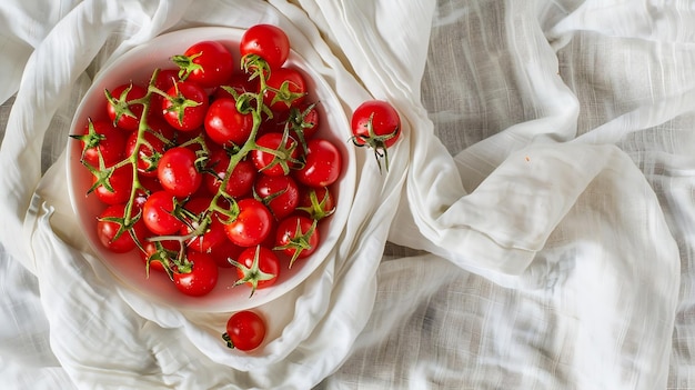 Photo red cherry tomatoes in a white bowl on linen fabric fresh ripe type of small and rou generative ai