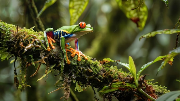 Foto rana d'albero dagli occhi rossi nella foresta bella rana colorata