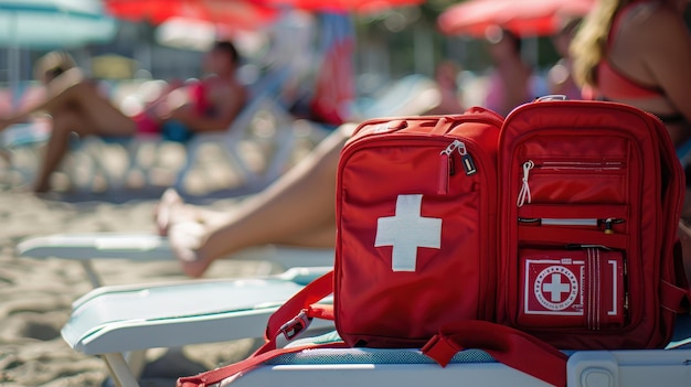 Foto una borsa di pronto soccorso rossa sulla spiaggia con persone sedute sotto gli ombrelli