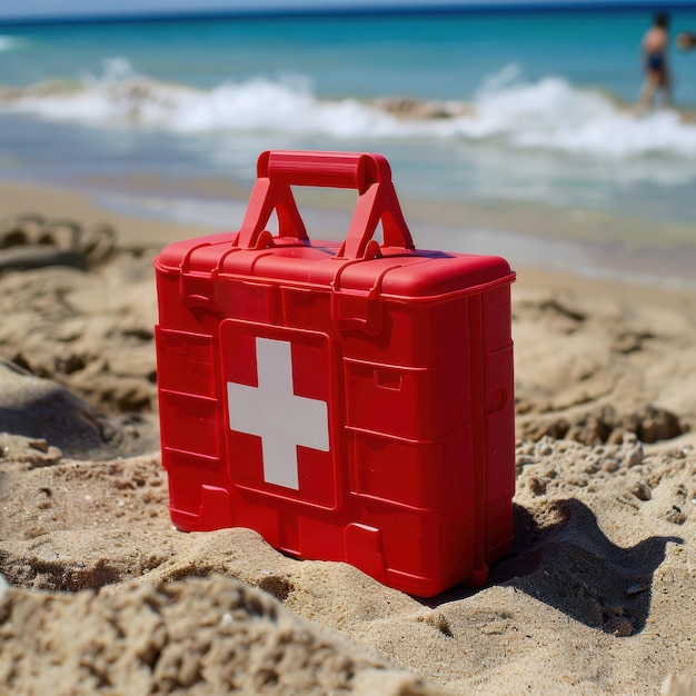 Foto un kit di pronto soccorso rosso sulla spiaggia